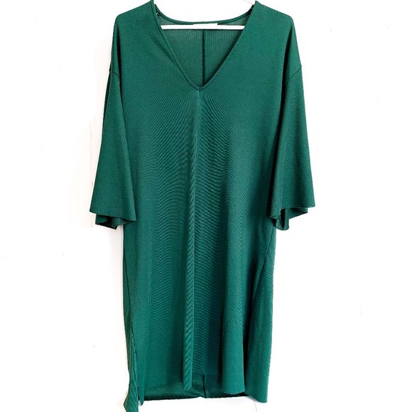 ZARA dark green v-neck dress 1/2 flutter sleeves L - Picture 1 of 5